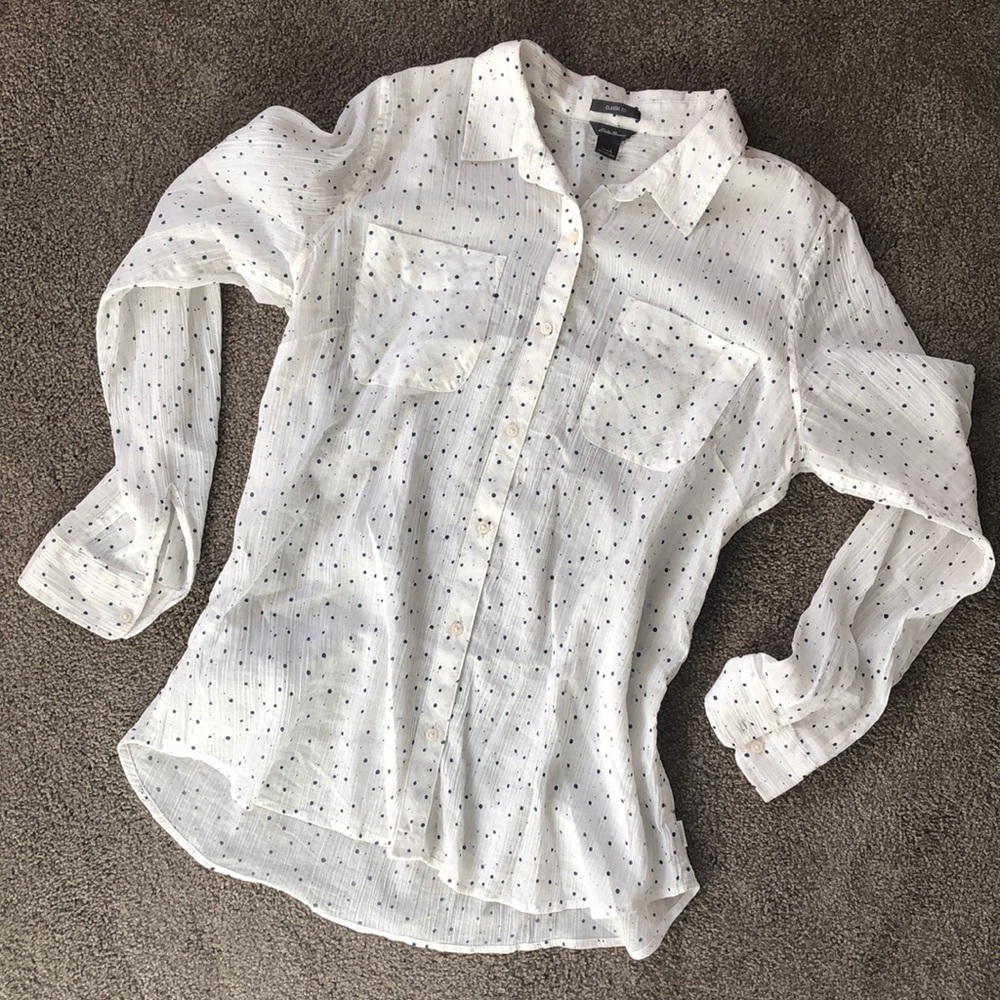 White polka dot button-down shirt